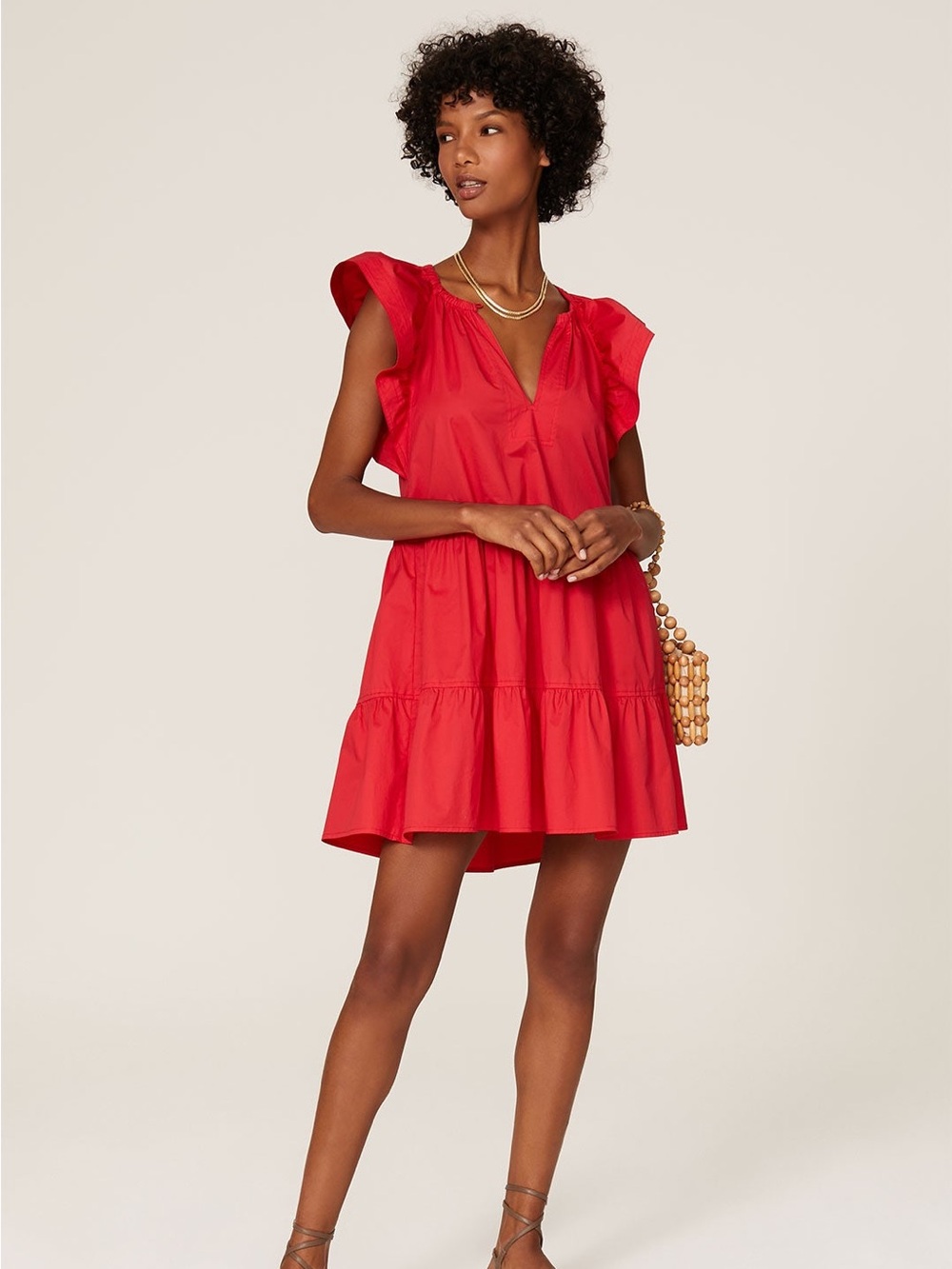 A.L.C Harper Ruffle Sleeve Sun Dress Sundress Red Mini Cotton Tiered A Line Sz 0